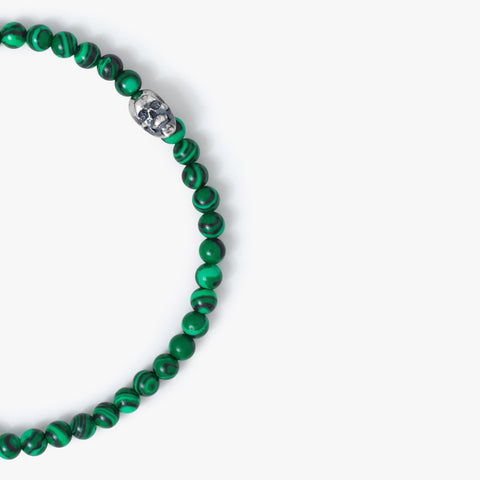 Sterling Silver Malachite Skull Bead Bracelet