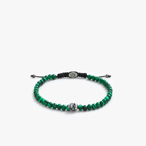 Sterling Silver Malachite Skull Bead Bracelet
