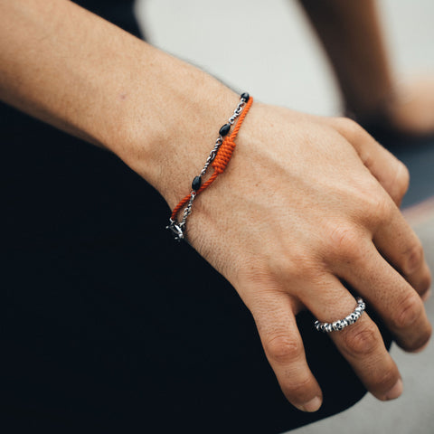 Pulseira de corrente de cabo trançado de ônix preto de prata esterlina