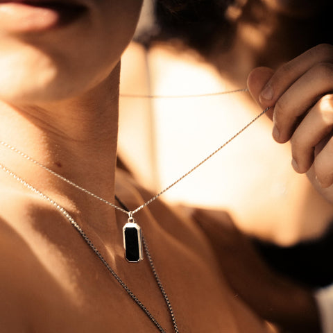 Sterling Silver Frame Pendant Necklace with Black Onyx