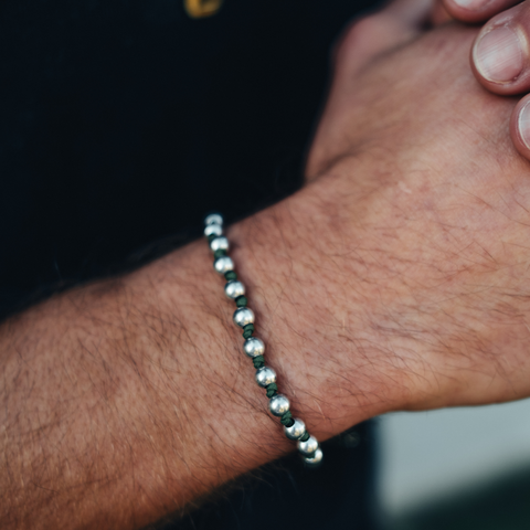 Silver Bead Green Cord Bracelet